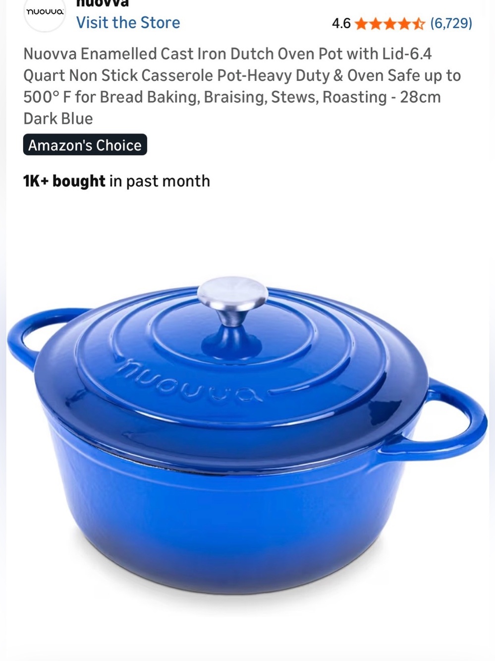 Nuovva Blue Enameled Cast Iron Dutch Oven with Lid